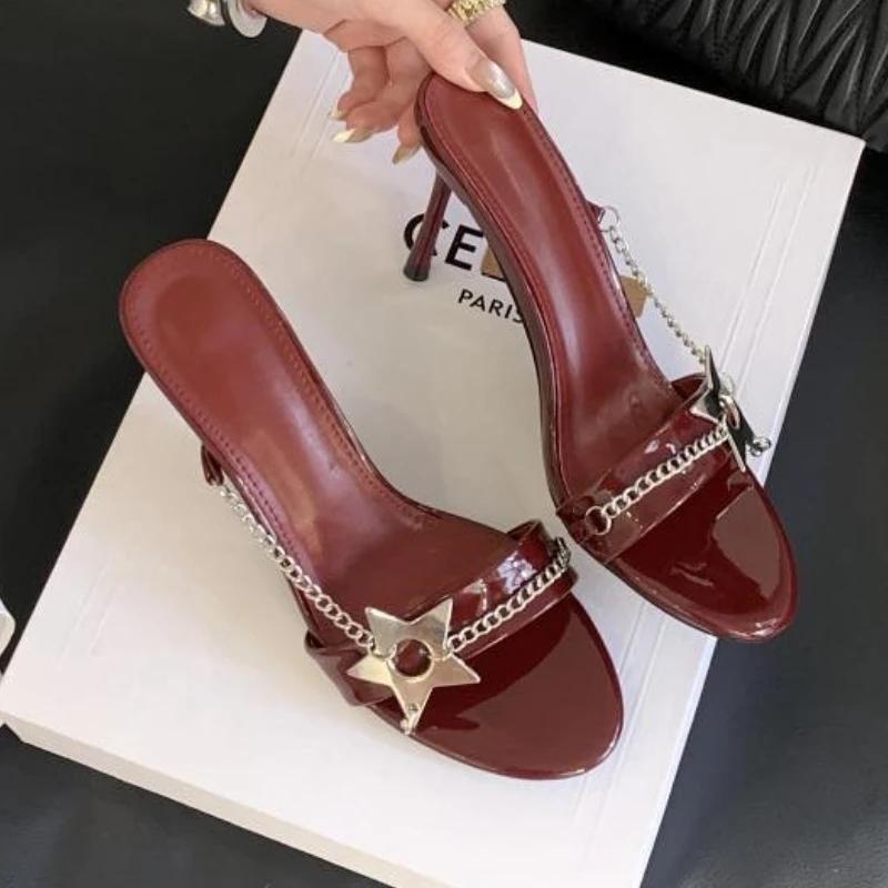 Fashion Fashion Metal Decoration High Heeled Slippers Women Sexy Open Toe Chain Slide Sandals Luxury Brand Designer Shoes Zapatos Mujer