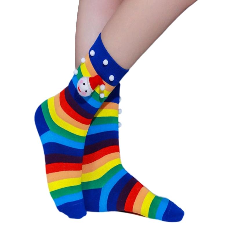 1 Pair Women Socks Long Cotton Christmas Socks Rainbow Color Striped Printed Novelty Fashion Autumn Rainbow Stripe Socks