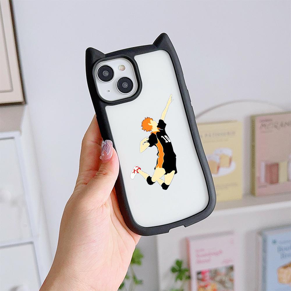 Soft Cat Ear Phone Cases for iPhone 16 15 13 12 11 Pro Max 14 Plus Silicone Anti-Drop Transparent Acrylic Back Cover N69 Anime Haikyuu X Reader Art
