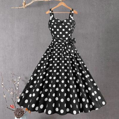 Women Vintage Dress 50s Retro A-line Big Swing Sleeveless Dot Print Contrast Color
