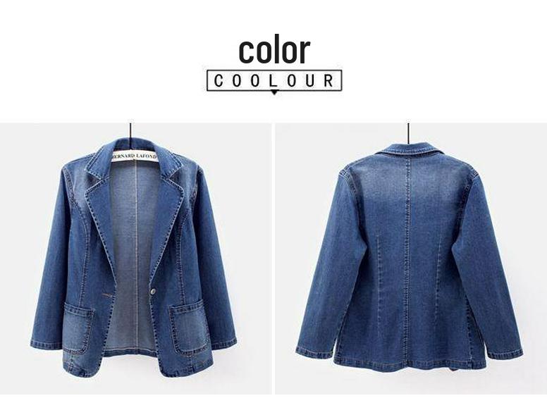 Dameslimfit denimjakke, dresskrage, ensfarget, cardigan med én knapp - trendy vår og høst