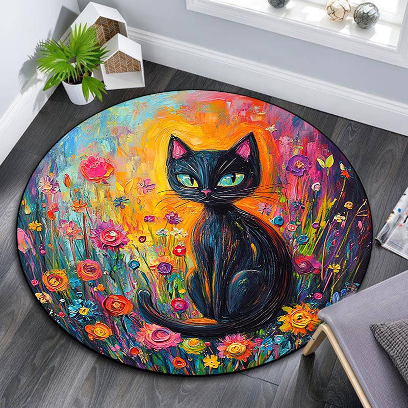 Black Cat in Flowers Round Area Rug,Carpet Rug for Living Room Bedroom Sofa Playroom Decor,Non-slip Floor Mat