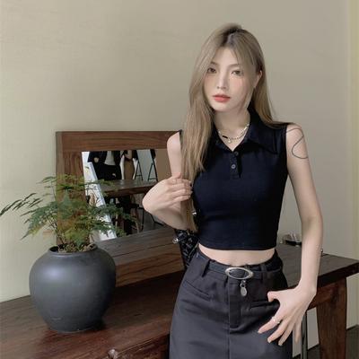 Solid Polo Vest For Women Casual Tank Tops Button Neck Y2K Tees Sleeveless Black White Tops