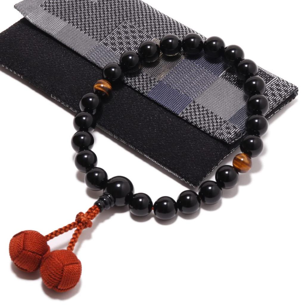 Prayer beads made in Japan natural black 22 with tiger eye Sanskrit tenbo bag Domestic handmade prayer beads that can be used by all sects prayer