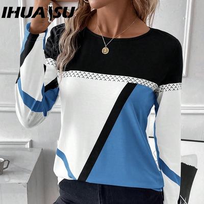 Women's Pullover O-Neck Color Contrast Patchwork Geometric Print Top T-shirt