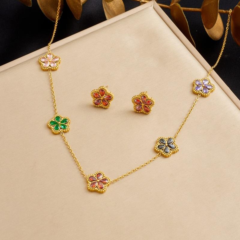 Gold Plated Stainless Steel Multicolor Flower Crystal Jewelry Set (necklace + Earrings) for Women