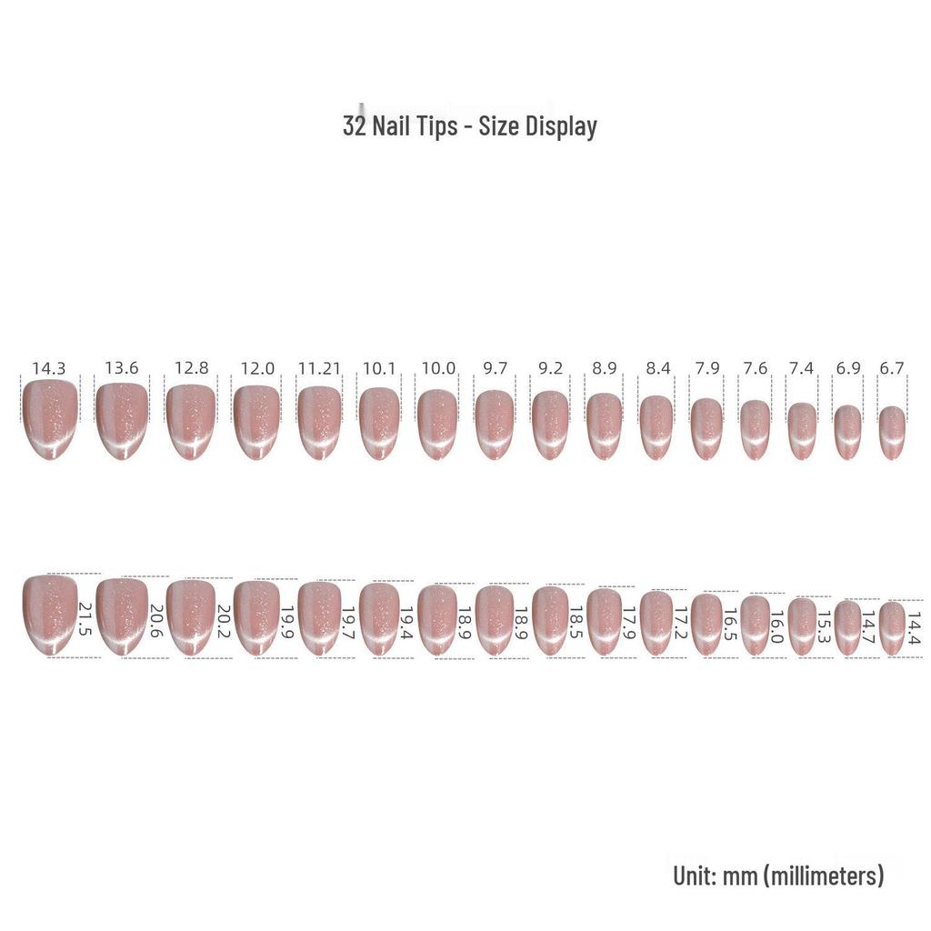 Short Almond Cat Eye French Smile Line Press-On Nails - 32 Pieces