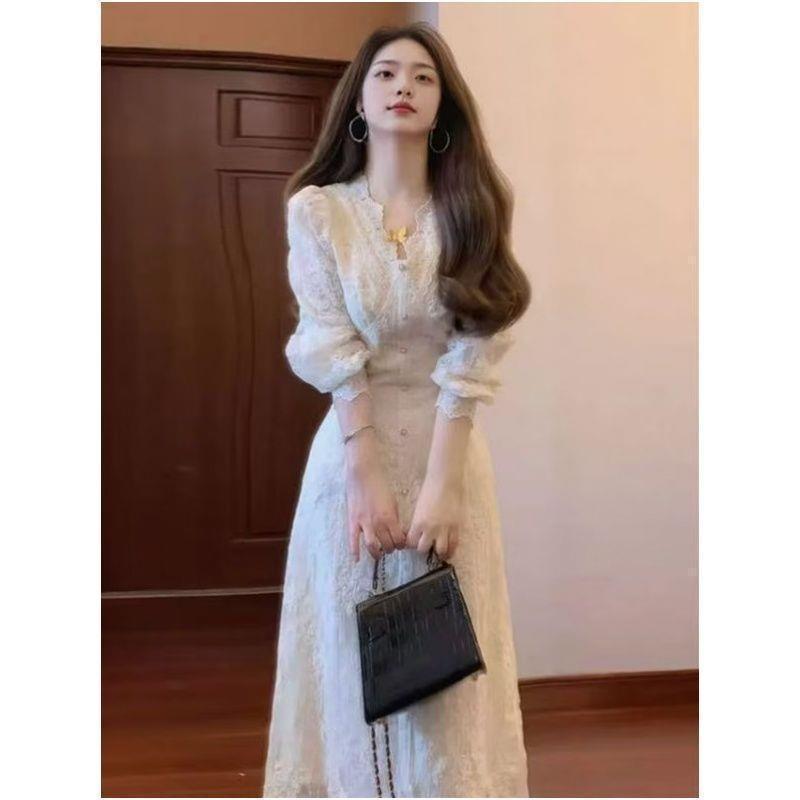 Elegant Lace Embroidery Velvet Dress 2025 - Women s Autumn/Winter French Style Long Skirt L (106-115 lbs)