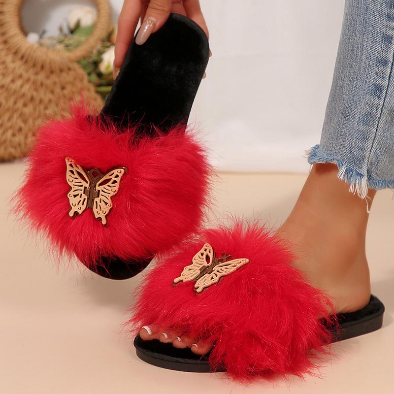 Fashion Lovely Butterfly Detor Cotton Slippers Women Soft Faux Furry Plush Slippers Woman Winter Open Toe Slip On Fur Slides Female