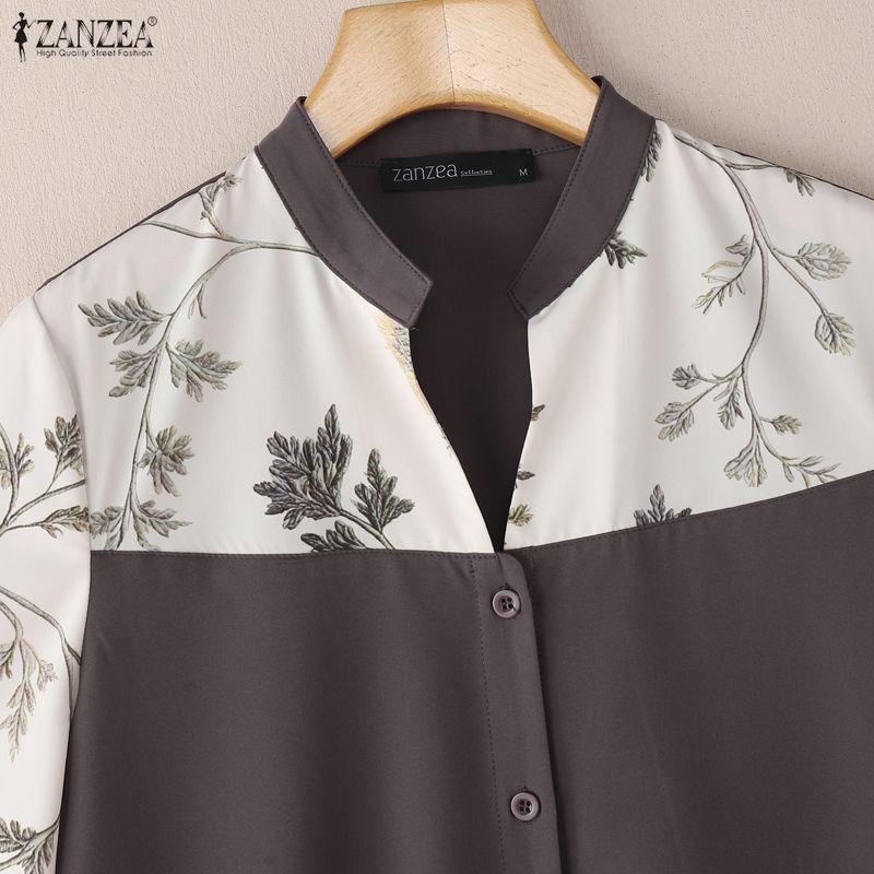 ZANZEA Women Casual V-Neck Loose Print Splice 3/4 Sleeve Blouse