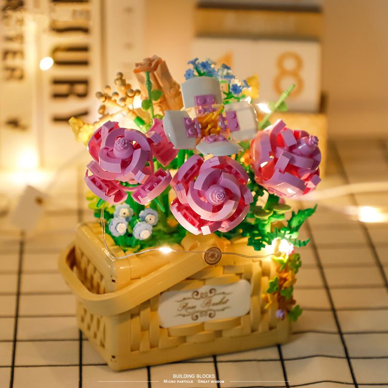 1177Pcs Rose Flowers Basket Building Blocks Toys Eternal Flowers With Lights Mini Blocks Toys For Girls Valentines'S Day Gifts