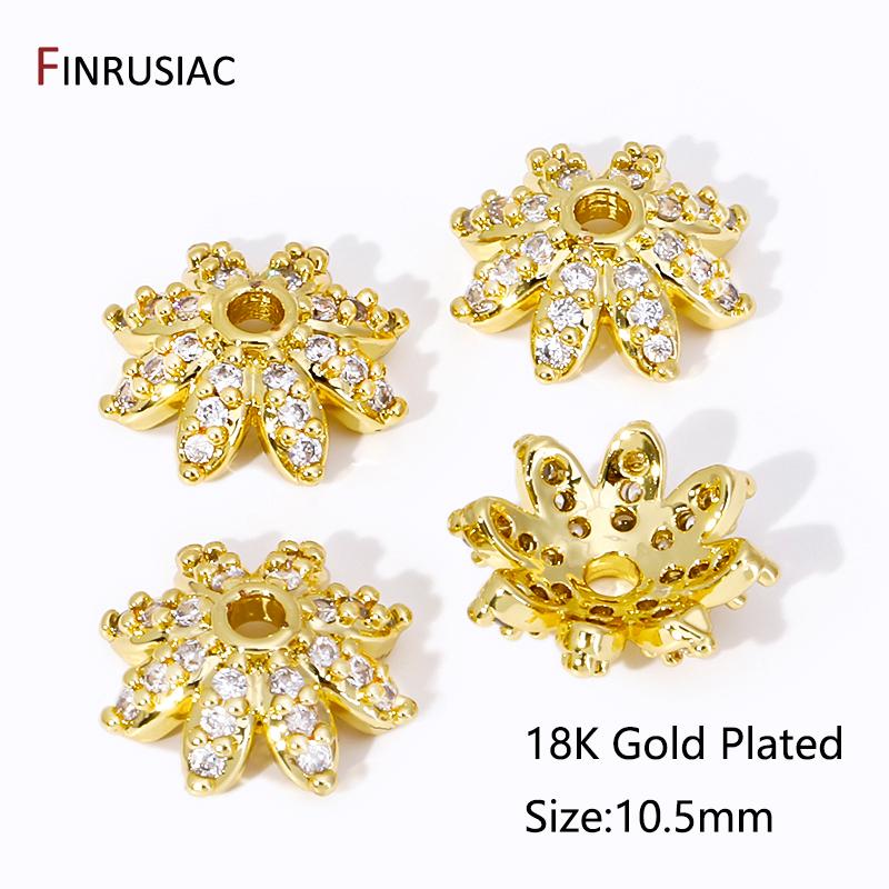 18K Gold Plated Brass Snowflake Bead End Caps,Inlaid Zircon Flower Bead Caps For DIY Bracelet Necklace Making Supplies Findings