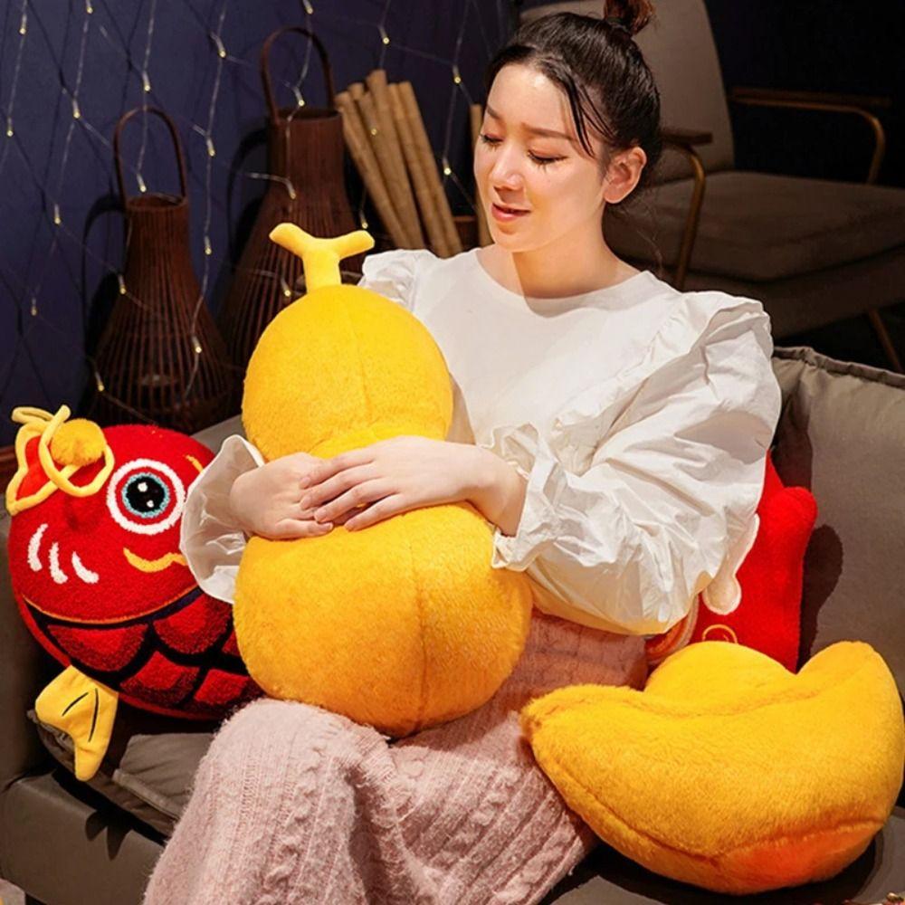 New Year Gold Ingot Plush Cushion Chinese Koi Fish Embroidery Pillow New Year