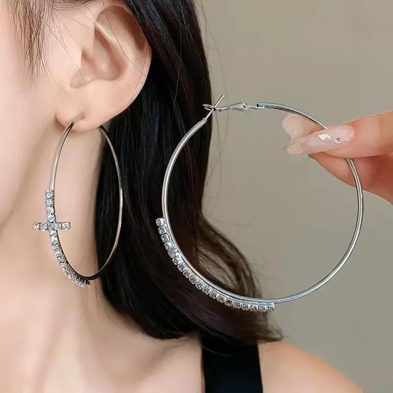 Sparkling Rhinestone Cross Large Hoop Earrings: 7cm, Niche Design, Face-Slimming