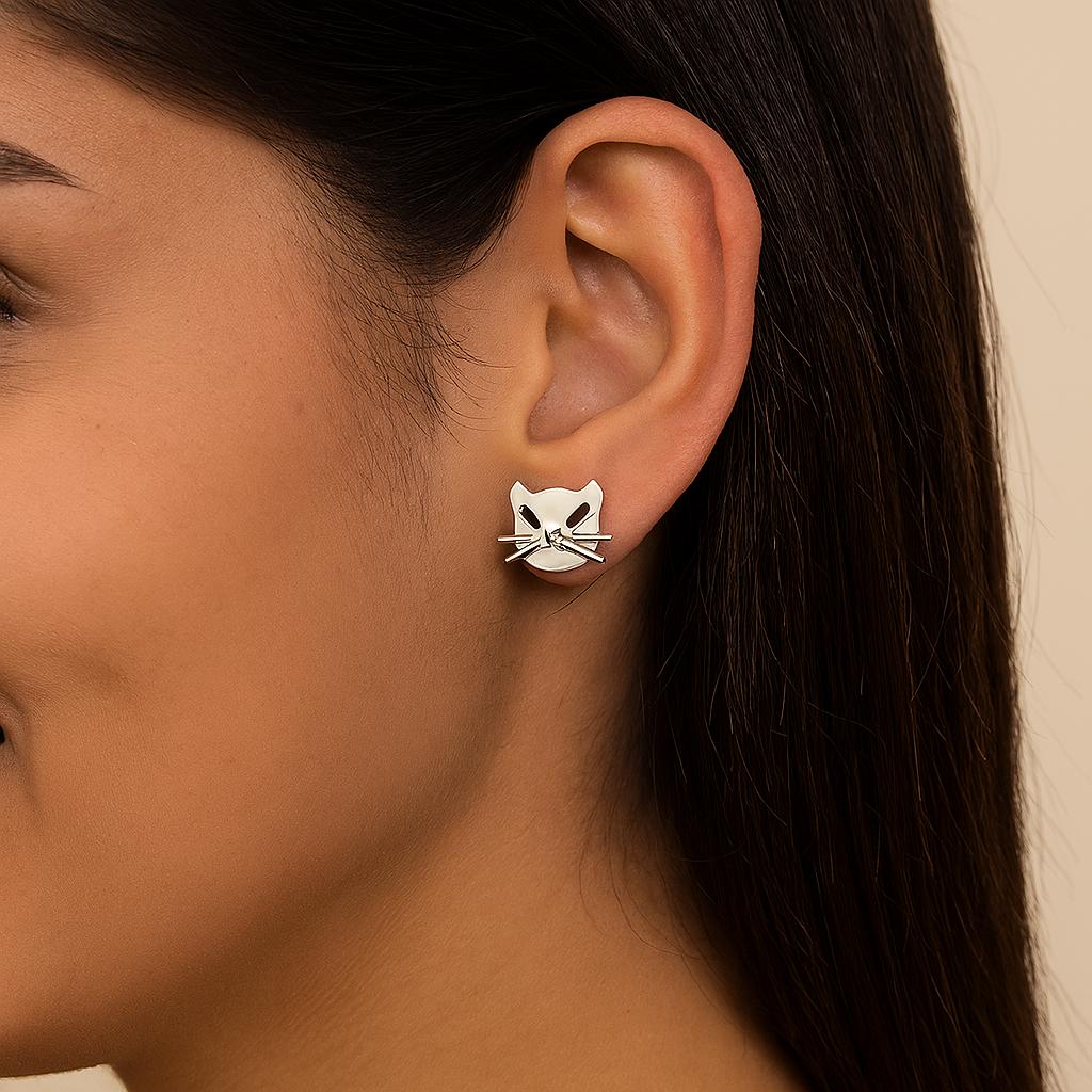 Cat Face Stud Earrings - 925 Sterling Silver