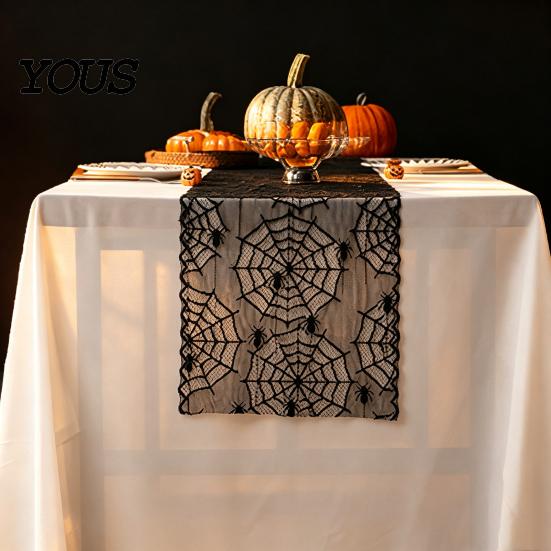 Seasonal Event Tablecloth Cobweb Lace Table Runner, Black Spider Web Gothic Runner for Halloween Dining Table, Holiday Home Decor Creepy