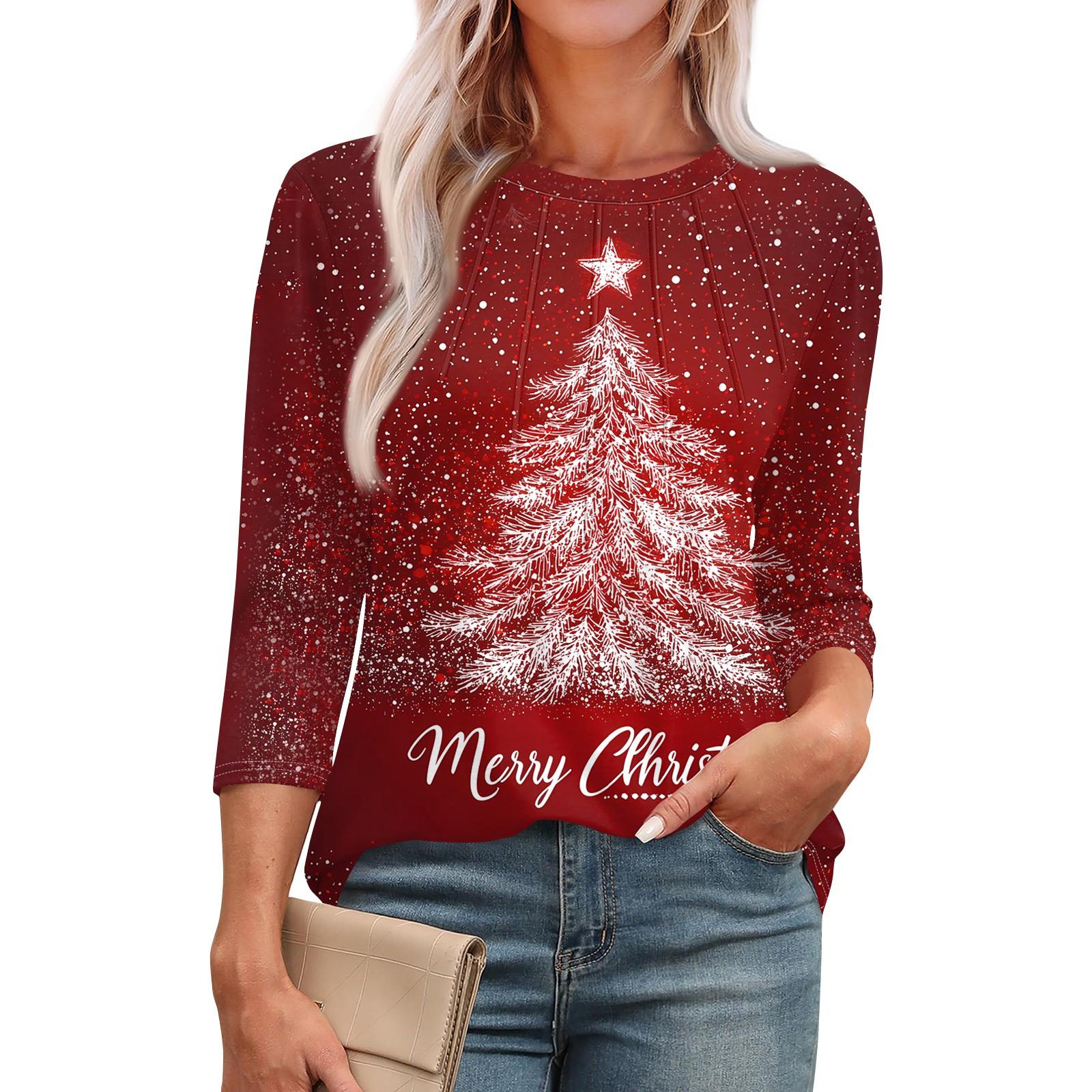 

Женская модная футболка с круглым вырезом и рукавом 3/4 с рождественскими принтами, повседневная базовая плиссированная футболка-пуловер S винный