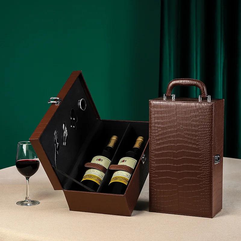 

Роскошная винтажная винная коробка из искусственной кожи, двойная коробка для хранения бутылок красного вина, чехол для переноски вина, декор для годовщины свадьбы