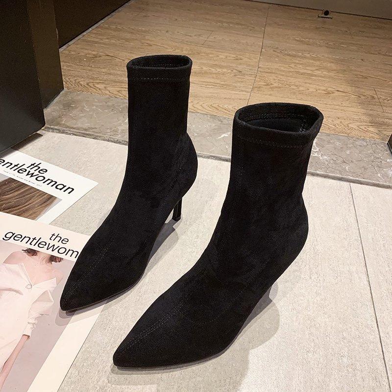 High Heels Pointed Short Boots Women 2025 Autumn and Winter Velvet Thin Heel Black Elastic Socks Boots Internet Celebrities Show Thin Boots Medium Tub