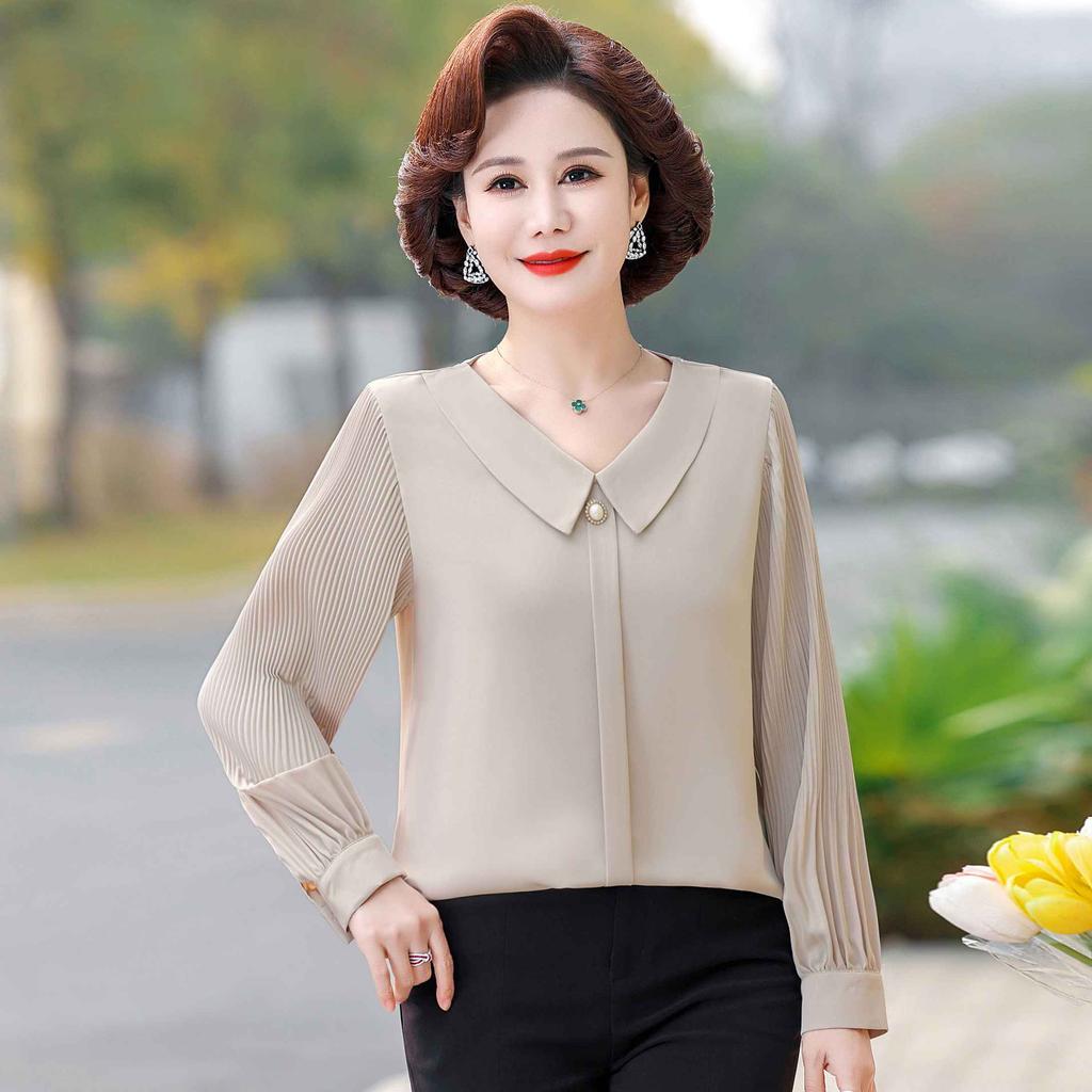 Mom's Spring and Autumn Chiffon Shirt Long Sleeve Middle Aged and Elderly Women's Top Clothes Spring Clothing