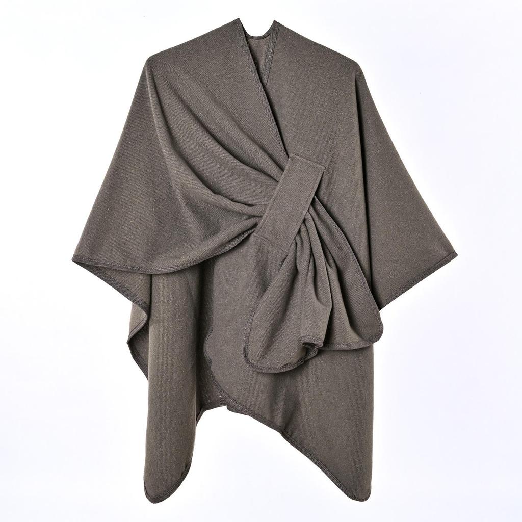 Women's Autumn & Winter Double-Sided Faux Cashmere Cape Shawl - Solid Color with Slit