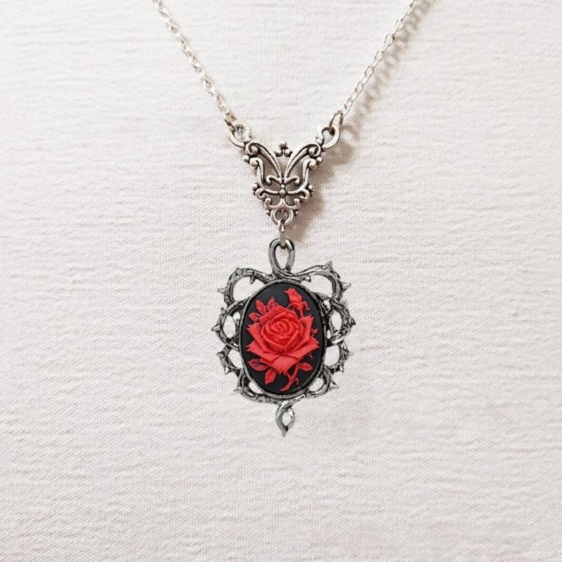 Gothic Red Rose Cameo Choker Necklace Halloween Cosplay Jewelry Adjustable Pendant Necklace Victorian Necklace Jewelry
