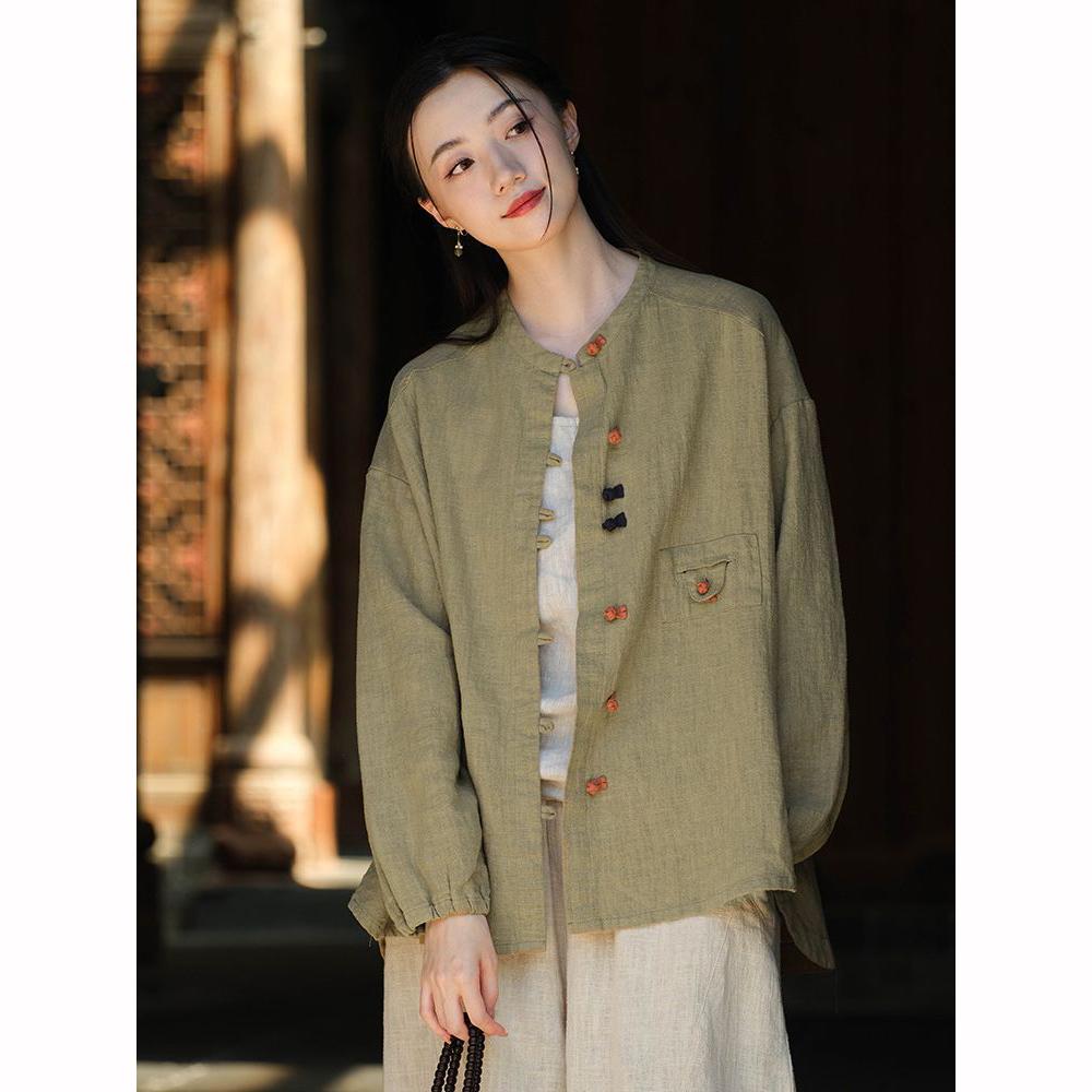 Spring Cotton  Linen Women's Clothing Art Retro Cotton  Linen  Shirt Women's Color Blocked Button Up Cardigan Jacket