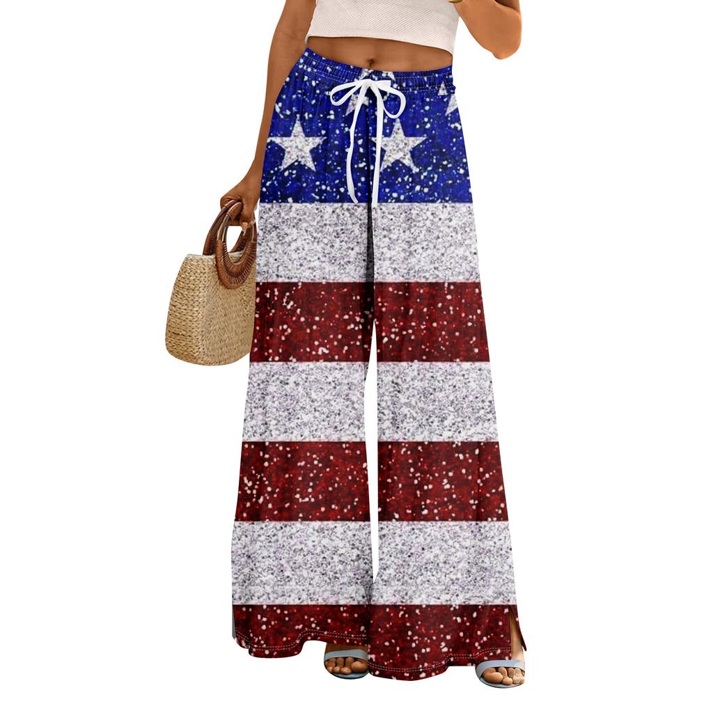 Women Summer Boho Palazzo Pants High Waist Wide Leg Independence Printing Casual Trousers With Pockets