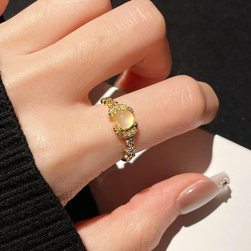 Medieval Retro Moonstone Imitation Opal Exquisite Open Ring Fashionable Zircon Light Luxury High-End Accessories