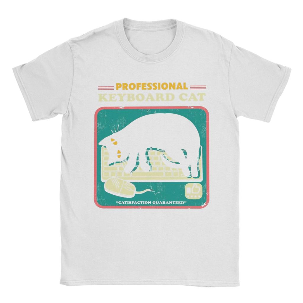Funny Cat Playing Computer Games Keyboard T-Shirt for Men Round Collar Cotton T Shirt Short Sleeve Tee Shirt Printed Tops