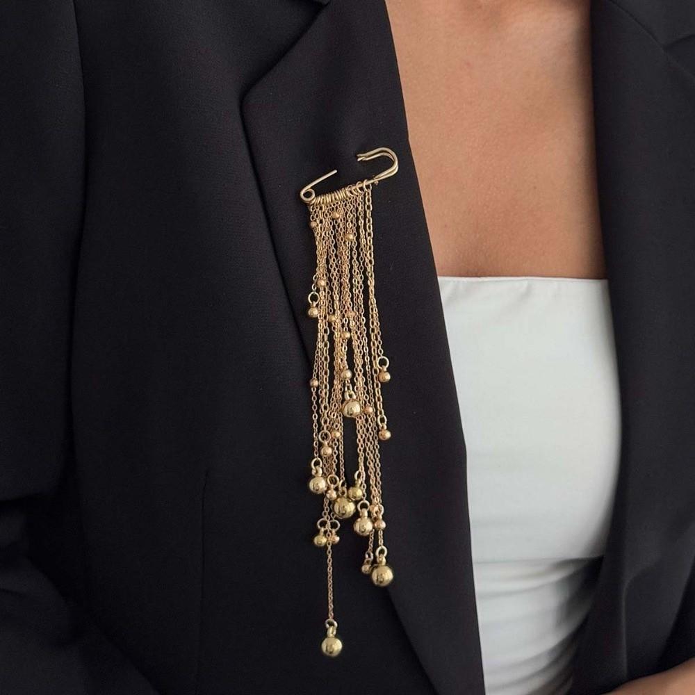 Paper Clip Shape Golden Beaded Tassel Brooch Floral Pin Tassel Ornaments Tassel Chain Pins Suit