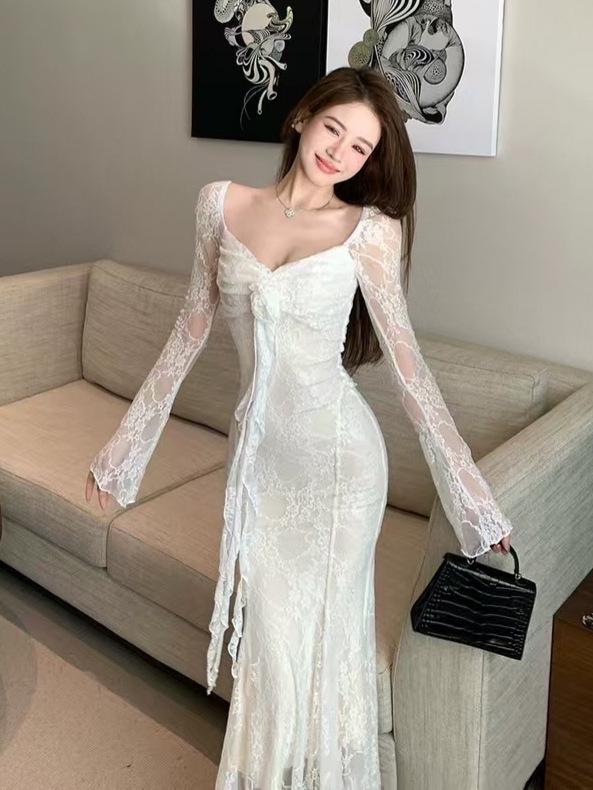 French 3D Floral Ribbon Long Sleeve Lace Fishtail Evening Dress for Women - Autumn Elegance.
