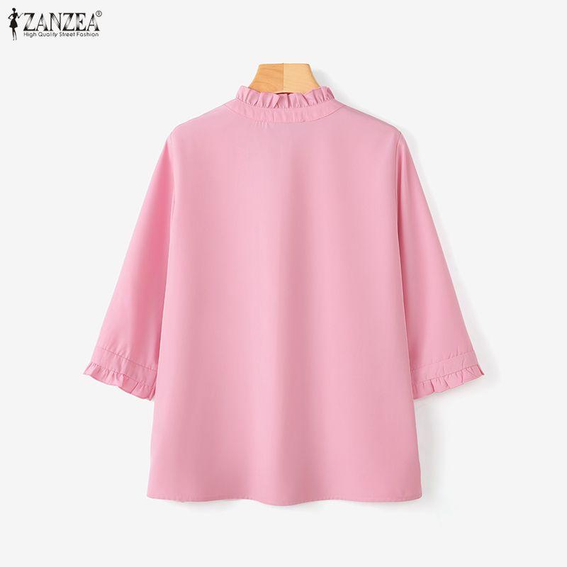 ZANZEA Women Casual Round Neck Solid Color 3/4 Sleeve Blouse