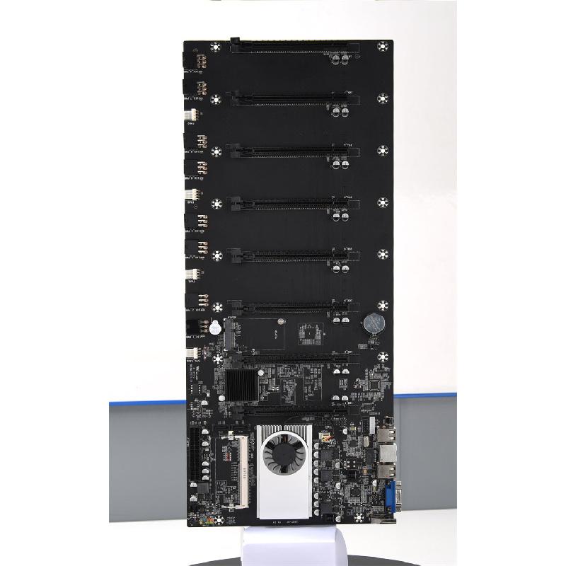 Mining motherboard with processor, fan and 8 slots for ddr3 graphics cards with integrated memory