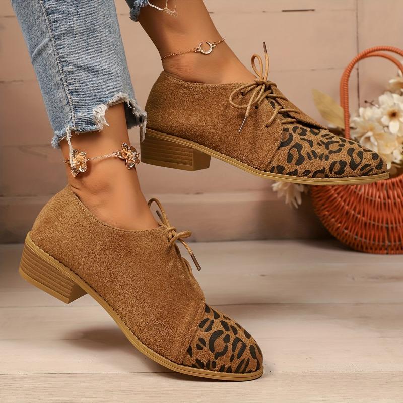 Leopard Print Shoes - Brown Black Animal Pattern Round Toe with Lace-Up Closure Non-Slip Rubber Sole - All-Season Formal Casual Footwear for Everyday