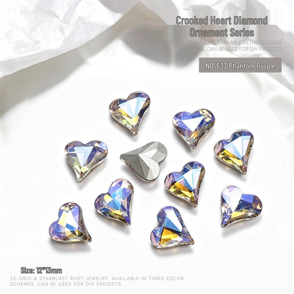 "10-Piece Heart-Shaped Nail Art Accessories with Pointed Bottom Transparent and Colorful Diamonds"