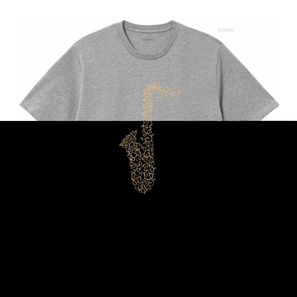 Elegant Gold Vine Wrapped Saxophone Print T Shirt for Music Lovers 100 Cotton vintage Washed homme Casual Soft Breathable