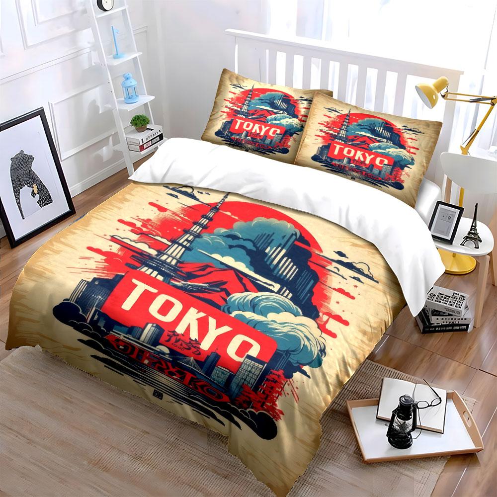 Tokyo Skyline Art Decoration Set Bedding Set with 1 Duvet Cover 2 Pillowcases Single Double King Queen, Gift