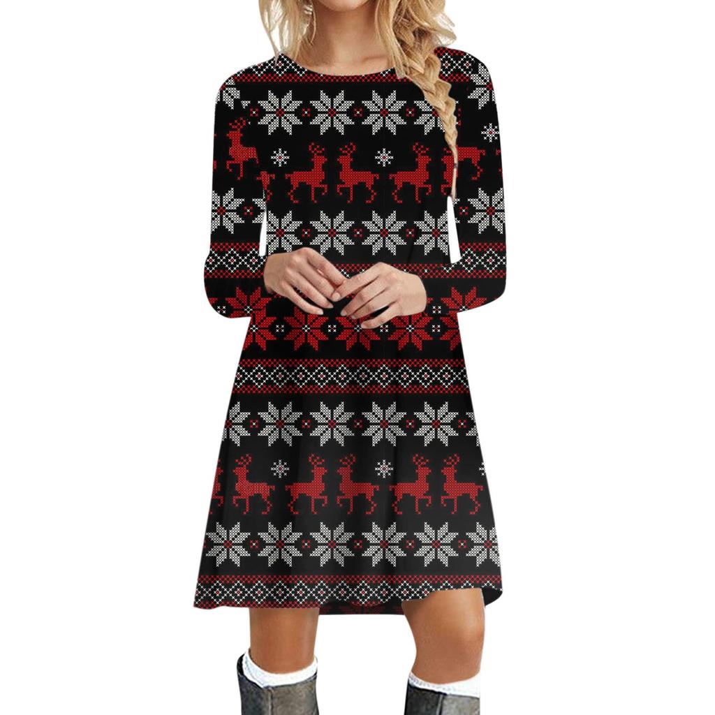 Women's  And Winter Round Neck Long Sleeve Christmas Print Dress