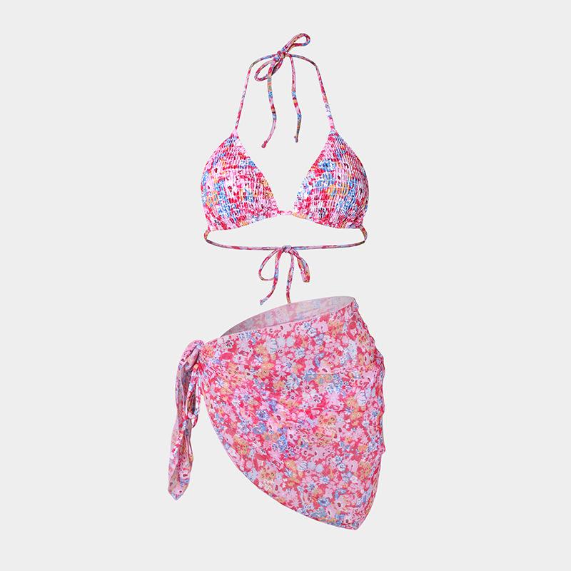 TS JYL-BK045 Mesh Skirt Three-Piece Bikini, Print Triangle Slim Swimwear For Vacation