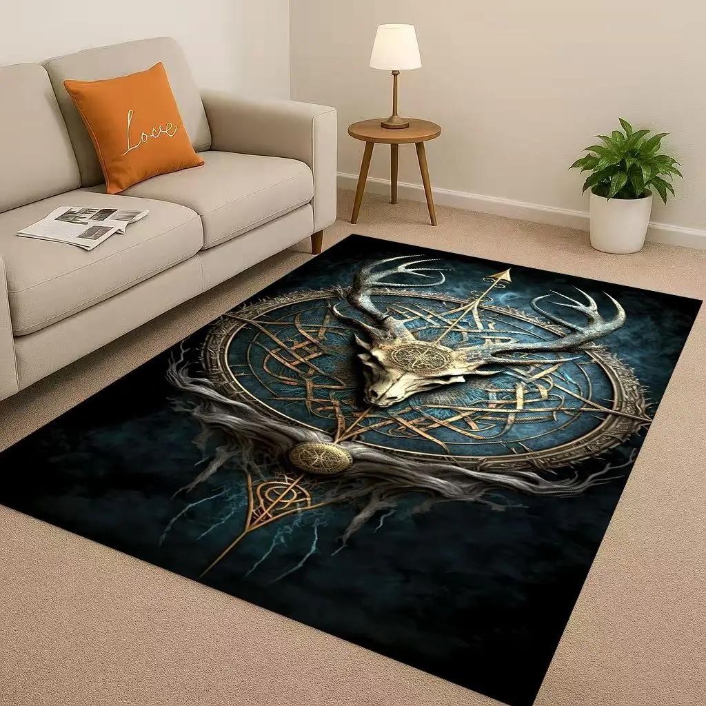 3D severský vikingský totem Vegvisir runa Valhalla Valknut Protiskluzový koberec do obývacího pokoje Měkký koberec do ložnice k pohovce, Domácí rohožka