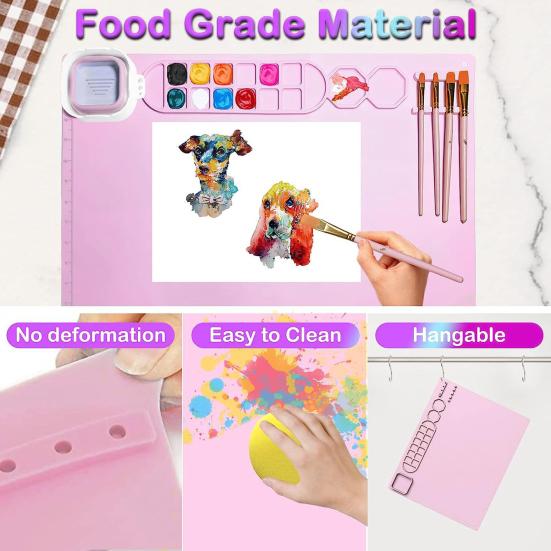 Drawing Mat Food Grade Silicone Painting Mat with Cup Non-Stick Art Mat with Brush Cleaner Pen Holder DIY Clay Art Supplies
