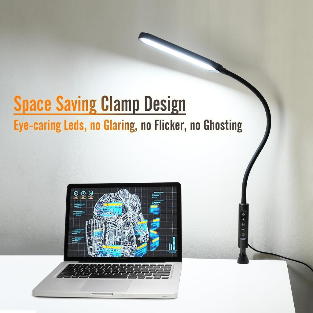 Clamp on Lamp, LED Desk Lamp, 18W, 3000 LMS, 3 Color Modes, 16 Brightness Levels, CRI>95, 0.5H/1H Timer, Eye-Caring Task Lamp with Remote for