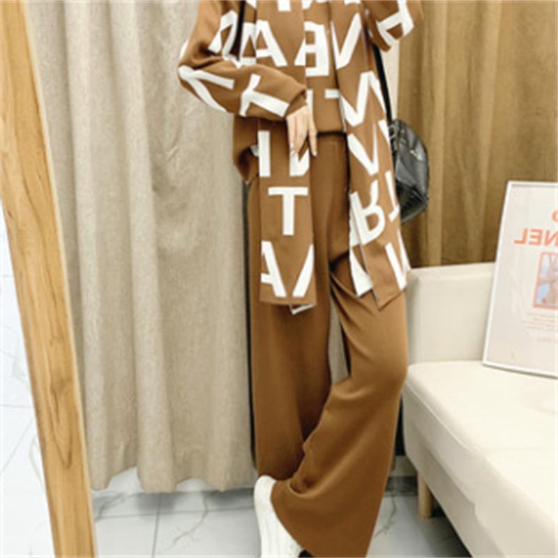 Knitted Suit Women'S Autumn And Winter Casual Fashion Temperament Scarf Sweater Wide Leg Pants Three Piece Set