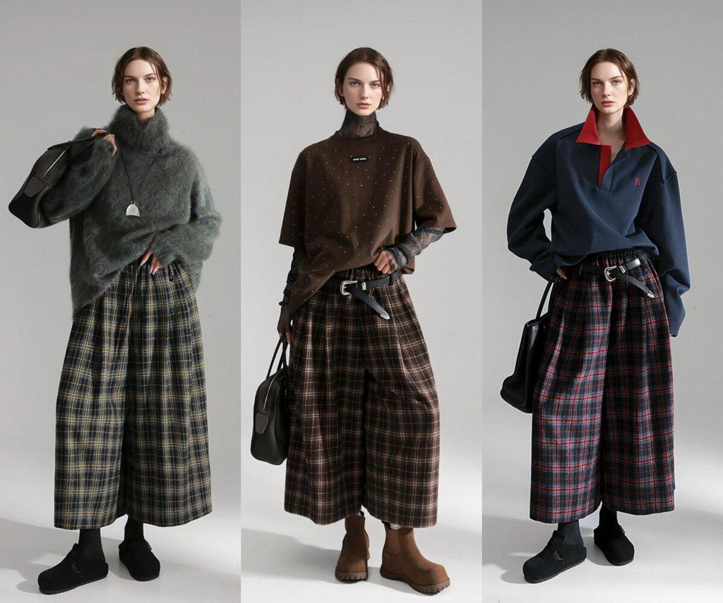 Neo-Modern Plaid Wide-Leg Wool Skirt-Pants for Women