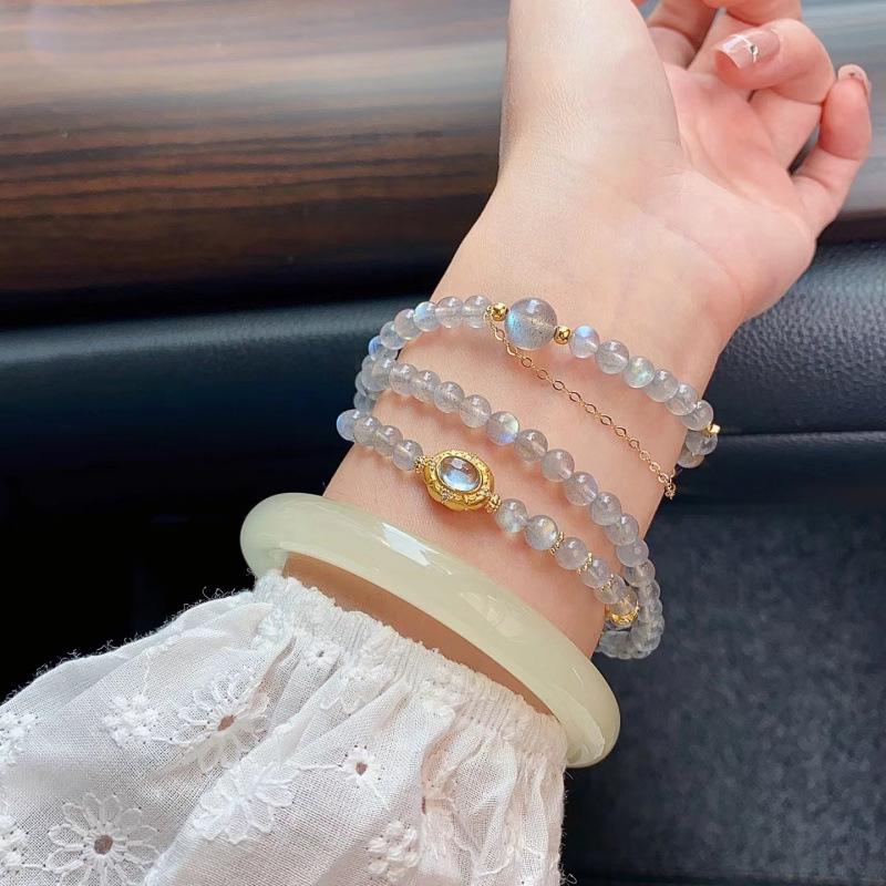 Natural Gray Moonstone Labradorite Aquamarine Triple Beaded Bracelet Necklace for Women - High Shine
