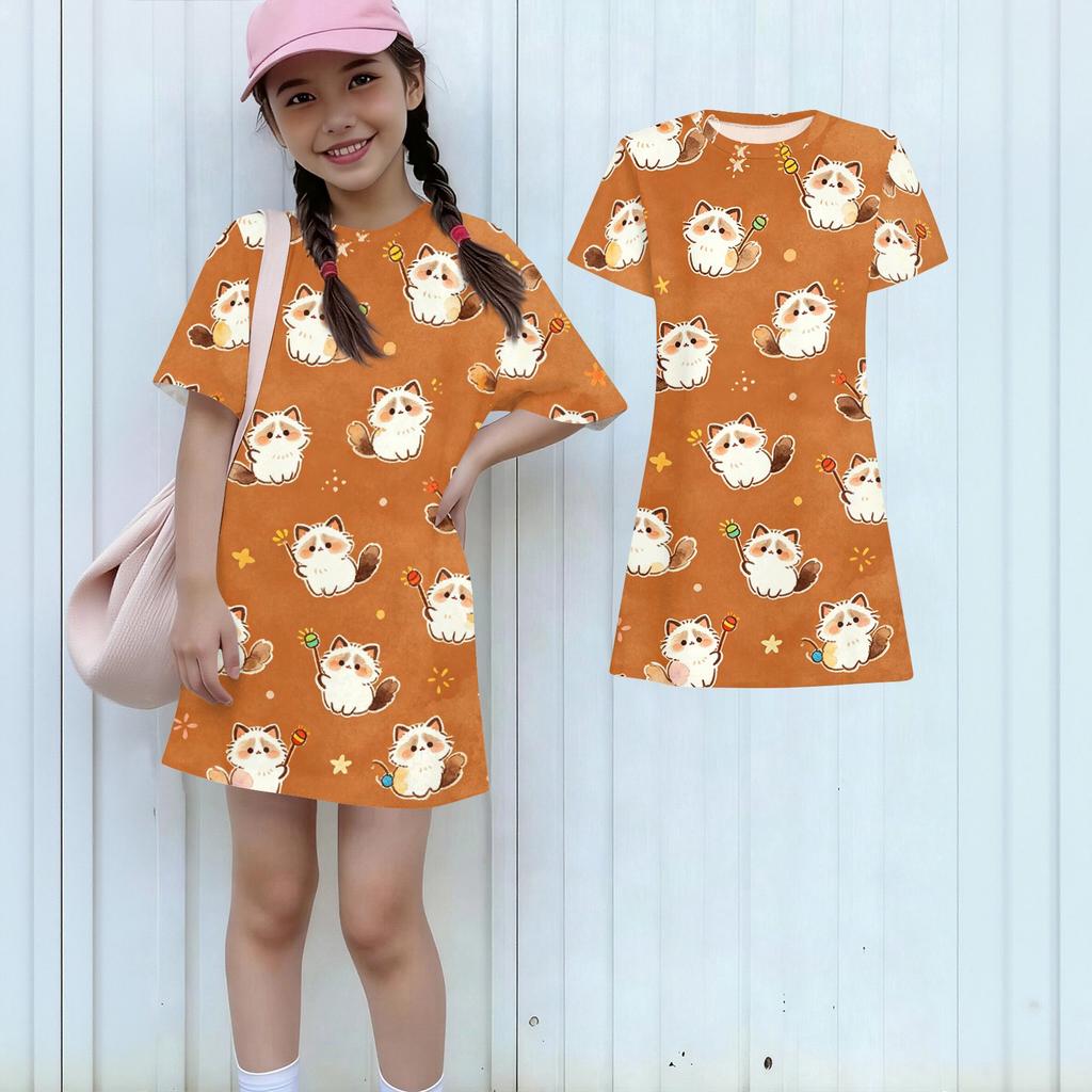 Girls Animal Print Dress Short Sleeve Loose Fit Round Neck Lightweight Kids Casual Dress Summer Wear for Children