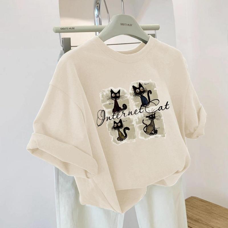 Women's Cotton Short Sleeved Cartoon Cat Print T-shirt Loose Rolled Cuff Crew Neck Casual Top