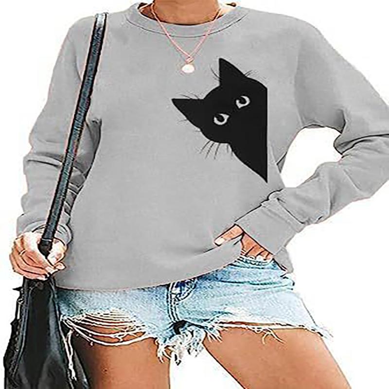 2025 New Round Neck Long Sleeve Ladies' Tops Solid Color Kitten Print Casual Joker Pullover