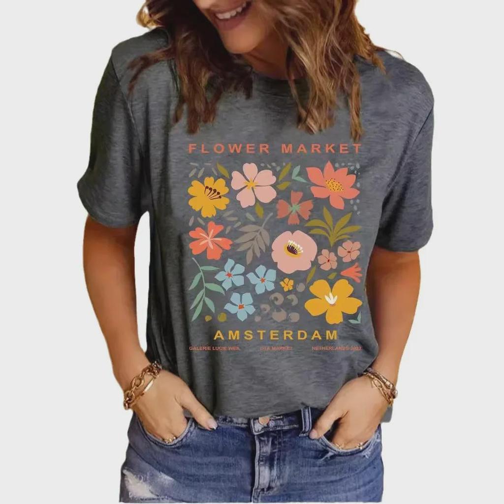 Women's Summer Patterned Round Neck Short-Sleeve Casual T-Shirt